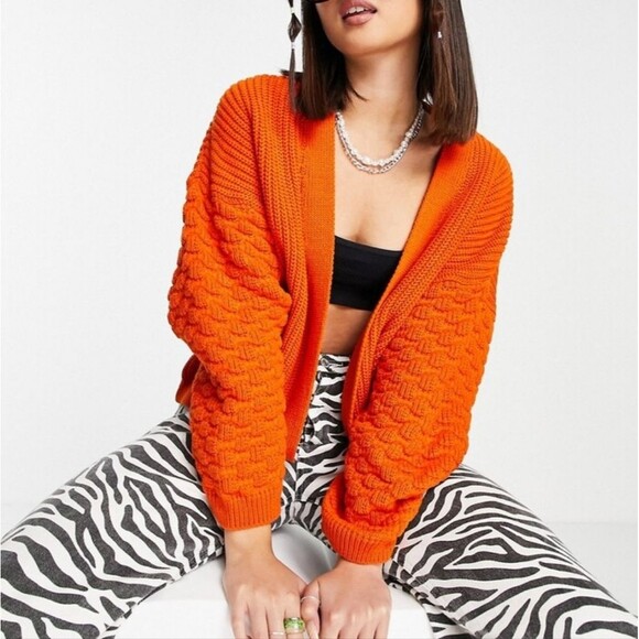 ASOS Sweaters - ASOS Design | Orange Red Open Front Cardigan with Bobble Sleeve, Women's 8